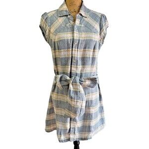 Buffalo David Bitton Plaid Shirt Dress Belted Snap Front Blue Beige Women's S